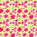 Pink tulips with leaves. Seamless pattern. Texture for print, fabric, textile, wallpaper. Hand drawn watercolor illustration on Royalty Free Stock Photo