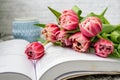 Pink tulips, an open book and a mug of freshly brewed coffee or tea. Spring set. Flatley layout Royalty Free Stock Photo