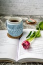Pink tulips, an open book and a mug of freshly brewed coffee or tea. Spring set. Flatley layout Royalty Free Stock Photo
