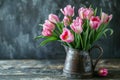 Pink tulips in a rustic metal pitcher. Springtime or Easter concept