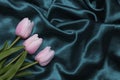 Pink tulips on a sea green silk fabric. Background for design with place for text. The photo