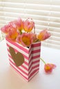 Pink tulips in Striped Valentine Bag Royalty Free Stock Photo