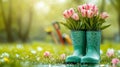 Pink Tulips in Teal Rain Boots Spring Garden Royalty Free Stock Photo
