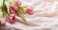 Pink tulips on white fabric, lit by the rays of the setting sun