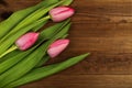 Pink tulips on a wooden background. Mother`s Day. Spring flowers Royalty Free Stock Photo