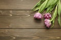 Pink tulips on wooden background