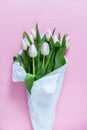 Pink tulips wrapped in white paper