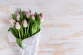 Pink tulips wrapped in white paper