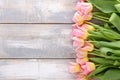 Pink tulips with yellow tint on gray and white wooden background