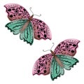 Pink and turquoise handmade butterflies in ethnic style on a white background. Royalty Free Stock Photo