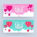 Pink and Turquoise Header or Banner Design with 50% Discount Offer and Paper Cut Heart Shaped Hot Air Balloons on Cloudy Royalty Free Stock Photo