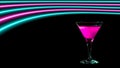 Pink and turquoise neon lights over a cocktail drinking glass.