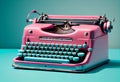 Pink typewriter on a blue pastel background. Vintage machine. Journalism. AI Generated