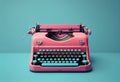 Pink typewriter on a blue pastel background. Vintage machine. Journalism. AI Generated