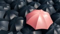 Pink umbrella between black umbrellas. Not like many. 3d rendering