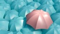 Pink umbrella between blue umbrellas. Not like many. 3 d rendering