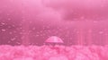 A pink umbrella in the midst of pink clouds, around which butterflies fly. A symbol of peace, love and hope.