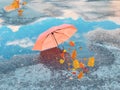 Pink umbrella in puddle  blue sky reflection in water and yellow leaves fall on asphalt Autumn rainy season Royalty Free Stock Photo