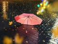 Rainy street reflection wet asphalt city night raindrops water reflection autumn leaves  fall season city evening light blurred  l Royalty Free Stock Photo