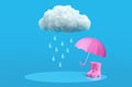 Pink umbrella and rubber boots under rain cloud on blue background