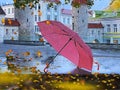 Pink umbrella under rain in park Autumn yellow leaves fall in Tallinn Old town medieval city  tower wall travel to Estonia Autumn Royalty Free Stock Photo