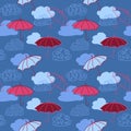 Pink Umbrellas and clouds. Outline,doodle, seamless pattern. Vector