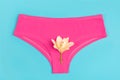 Pink underpants and flower on blue background, close up. Concept Keep your vagina healthy and happy. Top view Flat lay