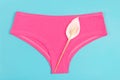 Pink underpants and flower on blue background, close up. Concept Keep your vagina healthy and happy. Top view Flat lay