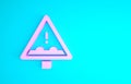 Pink Uneven road ahead sign. Warning road icon isolated on blue background. Traffic rules and safe driving. Minimalism