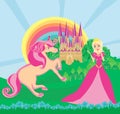 Pink unicorn and beautiful queen in front of her castle Royalty Free Stock Photo