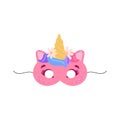 Pink unicorn children carnival mask flat vector illustration isolated on white.