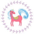 Pink Unicorn In the circle frame. Royalty Free Stock Photo