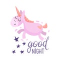Pink unicorn flies in a dream. Vector illustration on a white background. Royalty Free Stock Photo