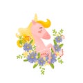 Pretty Pink Unicorn Getting Out From Blue Flowers Garland Vector Illustration