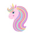 Pink unicorn head with rainbow mane and yellow horn. Cute fantasy unicorn, fairytail for baby. Vector illustration on white Royalty Free Stock Photo