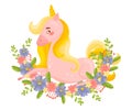 Pretty Pink Unicorn Lying On Ornate Flower Garland Vector Illustration Isolated On White Background