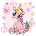 Pink unicorn pony sitting. Cute baby card, baby girl with big eyes Royalty Free Stock Photo