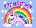 Unicorn vector illustration drawing with rainbow writing Dreamer. Unicorn's head cartoon, isolated on white background