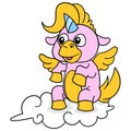 The pink unicorn sits on a white cloud in the sky, doodle icon image kawaii