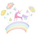 Unicorn on rainbow surrounded by colorful flowers vector illustration