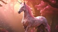 A pink unicorn walks through a magical forest