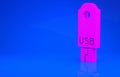 Pink USB flash drive icon isolated on blue background. Minimalism concept. 3d illustration. 3D render Royalty Free Stock Photo