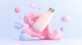 A pink USB flash drive with a white USB connector is surrounded by floating pink and blue spheres. Royalty Free Stock Photo