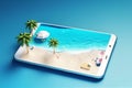 holiday sand summer palm creative concept phone cyber mock sea up. Generative AI.