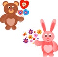 Pink Valentine Bunny and Brown Valentine Teddy Bear Illustrations