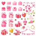 Pink Valentine day objects set. Romantic decoration symbols in realistic cartoon style