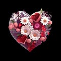 Pink valentine heart love half made of wedding flowers. 3d rendering isolated on white background top view. Transparent png. Royalty Free Stock Photo