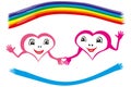 Pink valentine hearts with smiles, holding hands forming heart symbol, look at each other in love under rainbow above blue stripe.