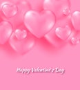 Pink valentine s day background with tender 3d hearts on pink color. Vector illustration Cute love banner or postcard.