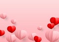 Pink Valentines, Mothers Day, love or weddind, marriage background with 3D pink and red paper hearts. Cute banner, flyer, poster,